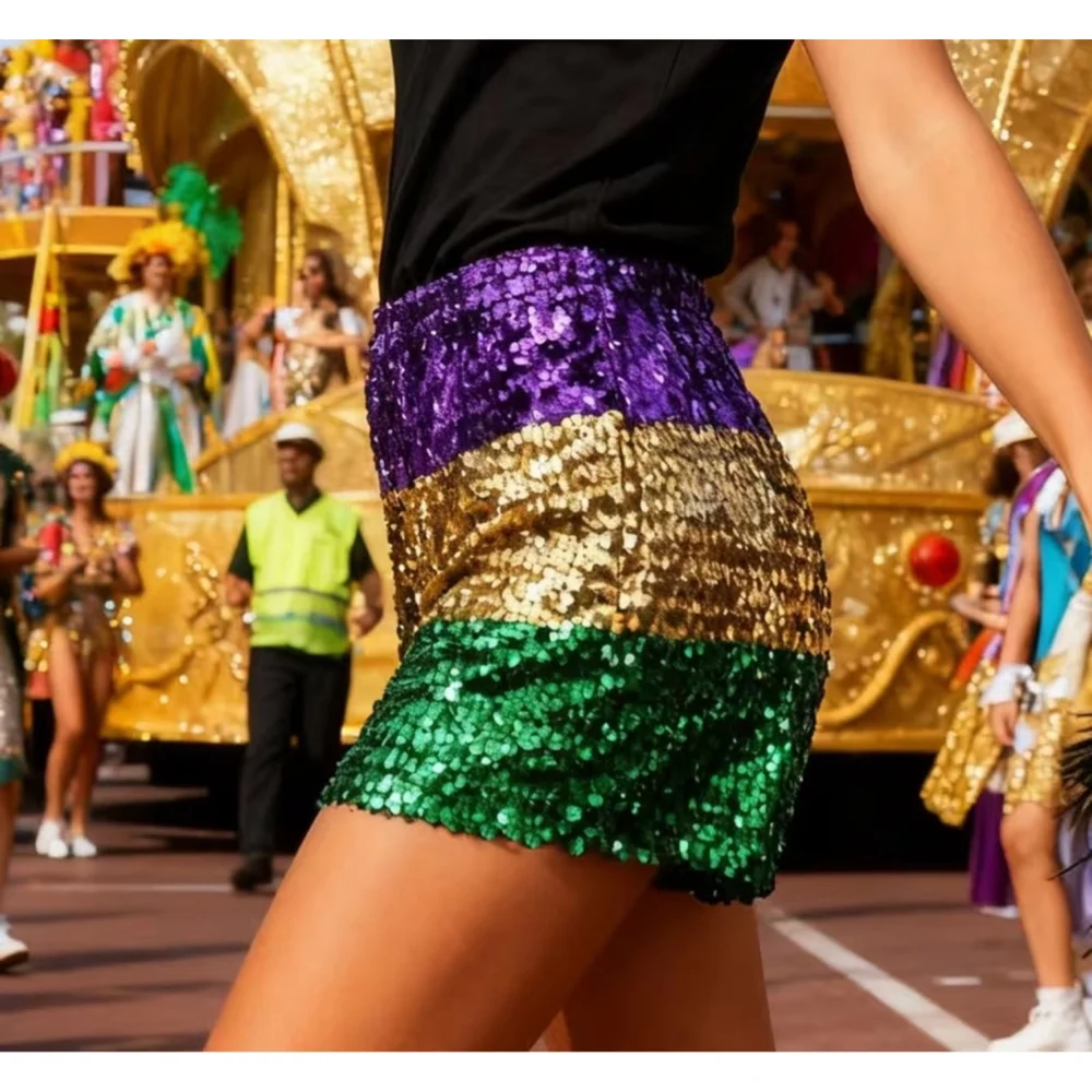 Sequin High Waist Shorts - Purple, Gold, Green - Picture 3 of 5